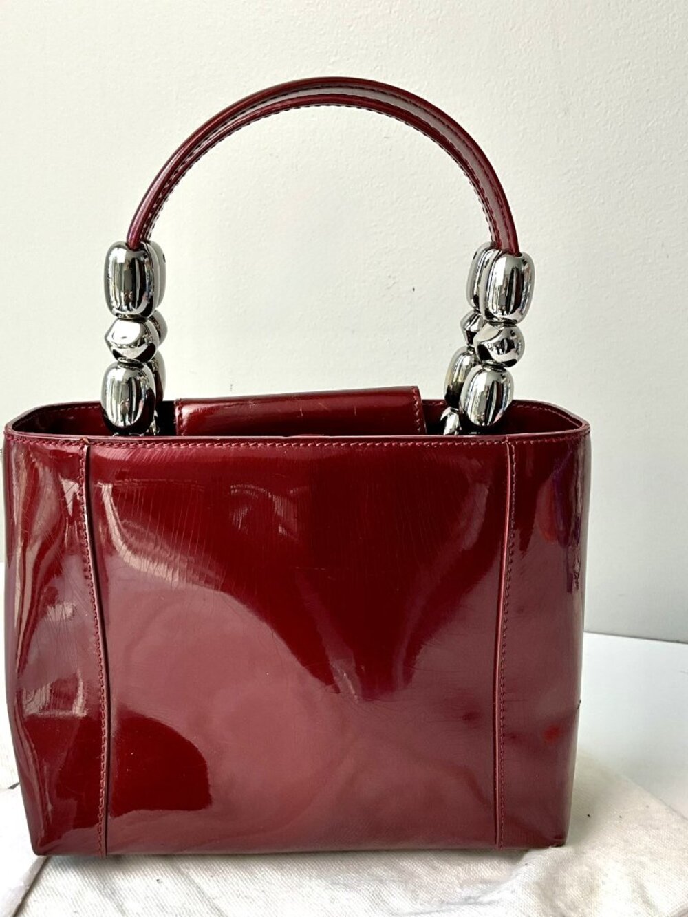 Vintage Christian Dior Bordeaux Patent Leather Mini Handbag Silver Hardware - Picture 10 of 10